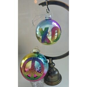 Kurt Adler Glass Bedazzled‎ Rainbow Peace And XO Christmas Ornaments Set Of 2